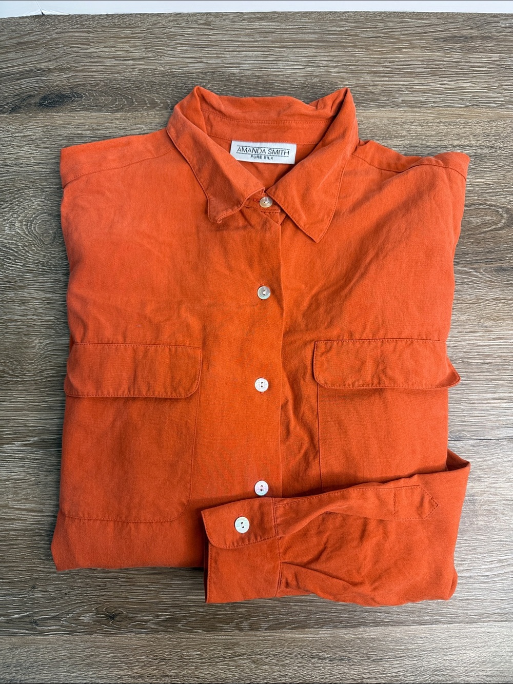 Amanda Smith 100% Silk Orange Button Front Tunic Blouse Size Medium